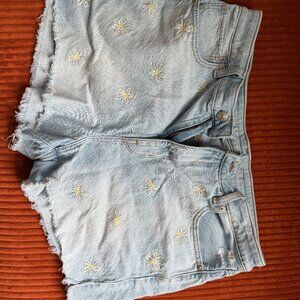 American Eagle Daisy Floral Embroidered Light Wash Mom Shorts